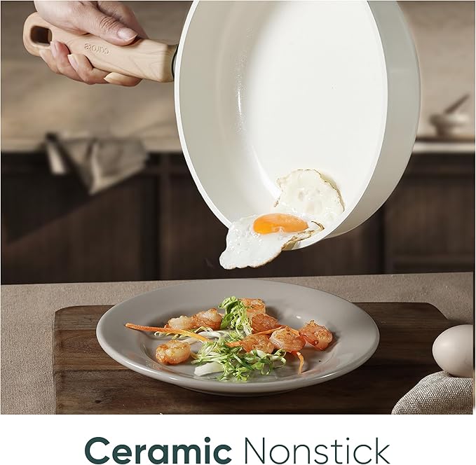 CAROTE 14Pcs Nonstick Ceramic Cookware Set, Non Toxic Cookware PFAS/PFOA Free, Cream White Pots and Pans Set Non Stick, Kitchen Cooking Pan Set, Large Capacity image 3