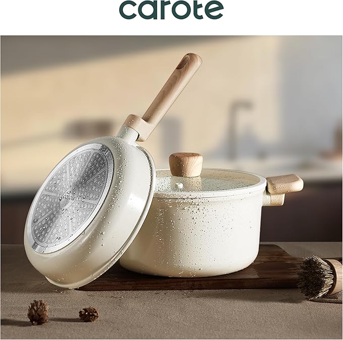 CAROTE 14Pcs Nonstick Ceramic Cookware Set, Non Toxic Cookware PFAS/PFOA Free, Cream White Pots and Pans Set Non Stick, Kitchen Cooking Pan Set, Large Capacity image 5