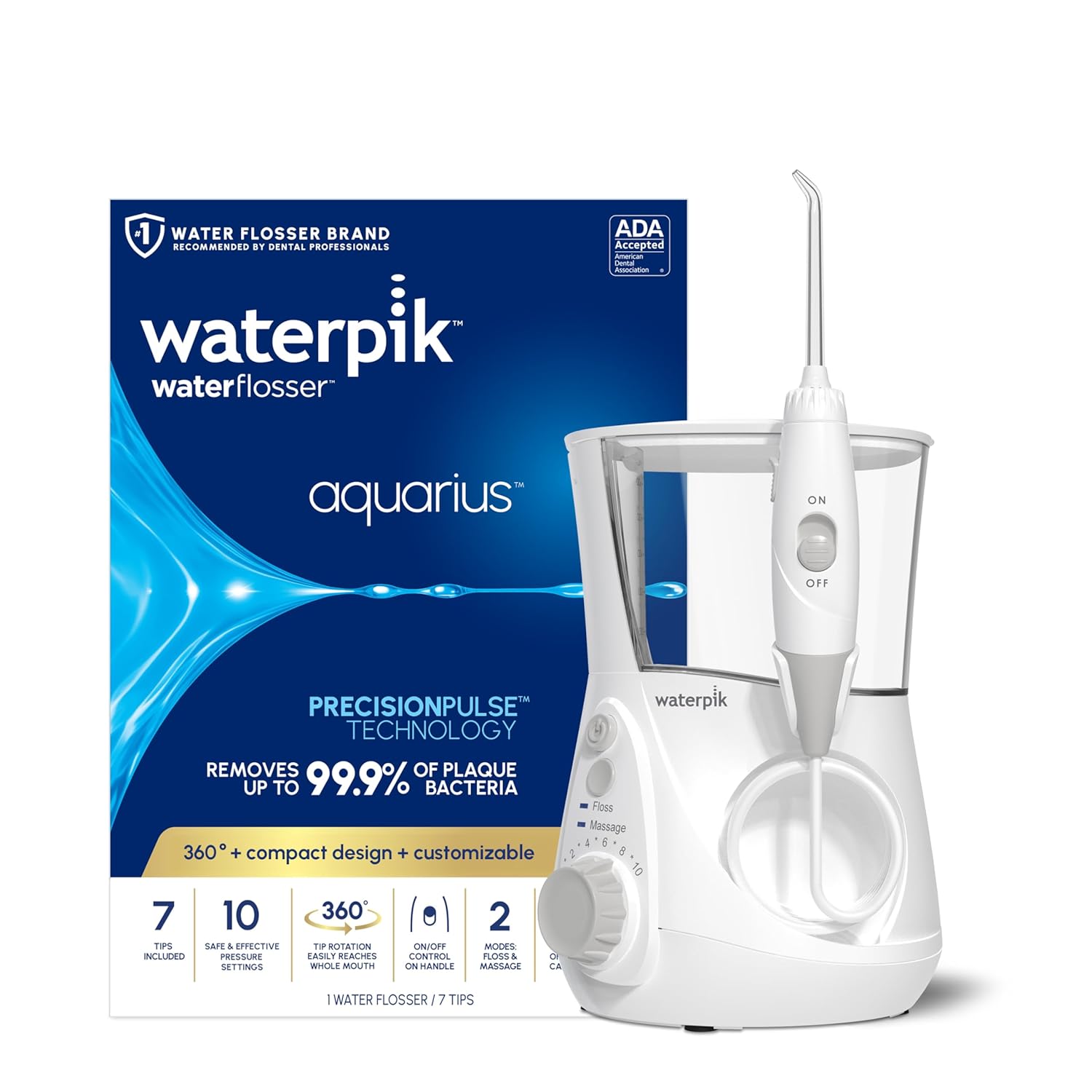 Waterpik Aquarius Water Flosser For Teeth Cleaning, Gums, Braces, Dental Care, Electric Power With 10 Settings, 7 Tips For Multiple Users And Needs, ADA Accepted, White WP-660, Packaging May Vary image 1