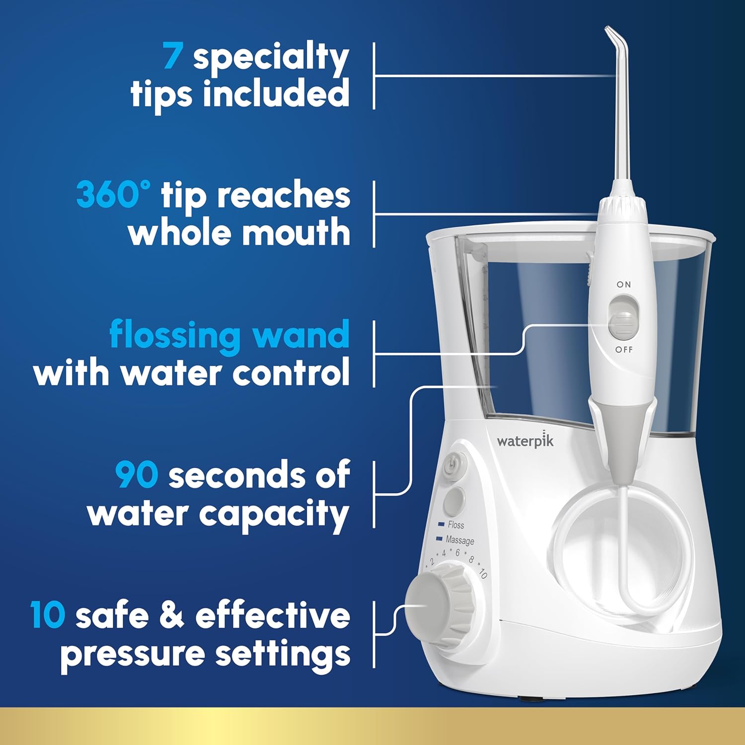 Waterpik Aquarius Water Flosser For Teeth Cleaning, Gums, Braces, Dental Care, Electric Power With 10 Settings, 7 Tips For Multiple Users And Needs, ADA Accepted, White WP-660, Packaging May Vary image 2