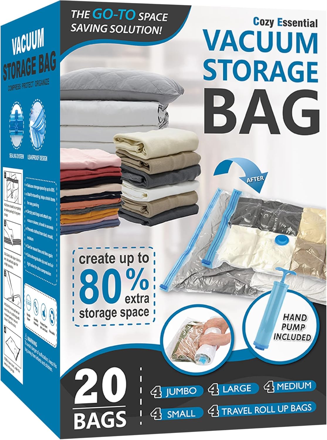 20 Pack Vacuum Storage Bags, Space Saver Bags (4 Jumbo/4 Large/4 Medium/4 Small/4 Roll) Compression for Comforters and Blankets, Sealer Clothes Storage, Hand Pump Included image 1