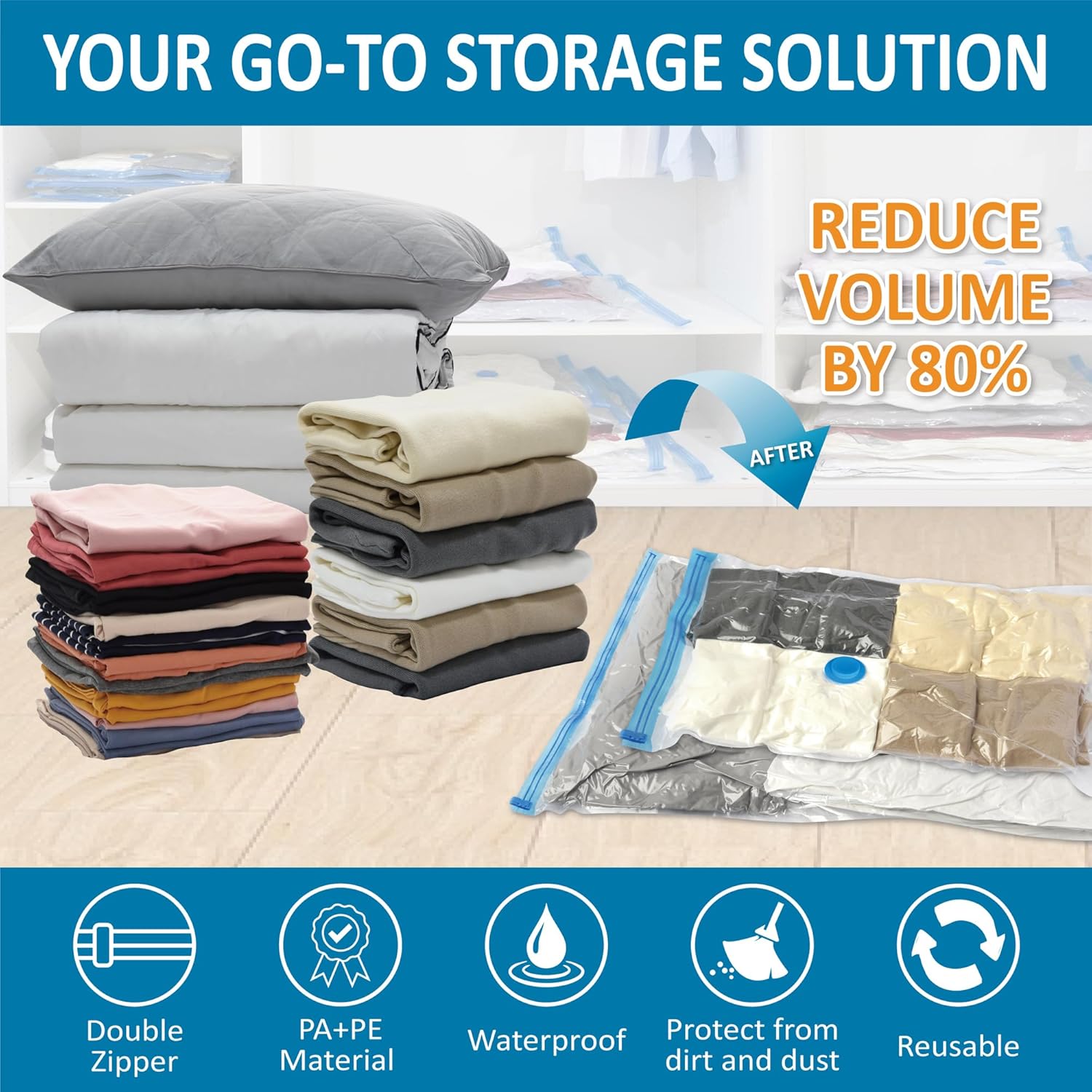 20 Pack Vacuum Storage Bags, Space Saver Bags (4 Jumbo/4 Large/4 Medium/4 Small/4 Roll) Compression for Comforters and Blankets, Sealer Clothes Storage, Hand Pump Included image 2