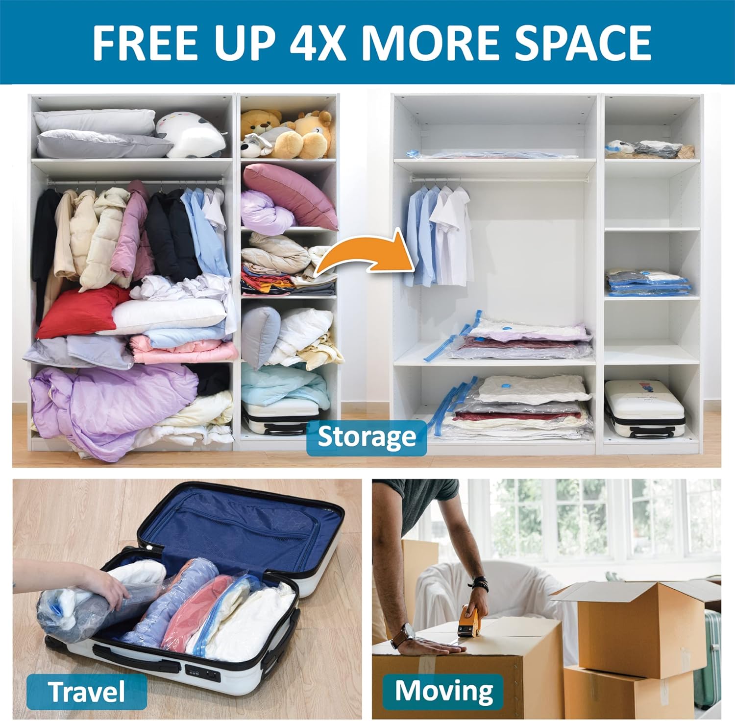 20 Pack Vacuum Storage Bags, Space Saver Bags (4 Jumbo/4 Large/4 Medium/4 Small/4 Roll) Compression for Comforters and Blankets, Sealer Clothes Storage, Hand Pump Included image 3