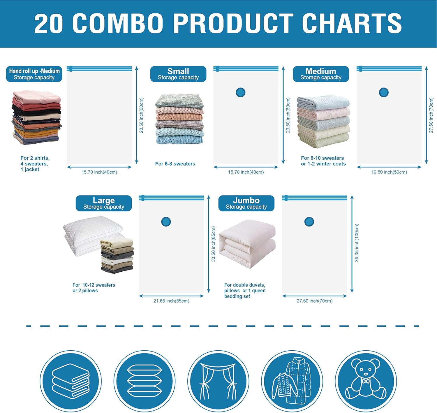 20 Pack Vacuum Storage Bags, Space Saver Bags (4 Jumbo/4 Large/4 Medium/4 Small/4 Roll) Compression for Comforters and Blankets, Sealer Clothes Storage, Hand Pump Included image 5