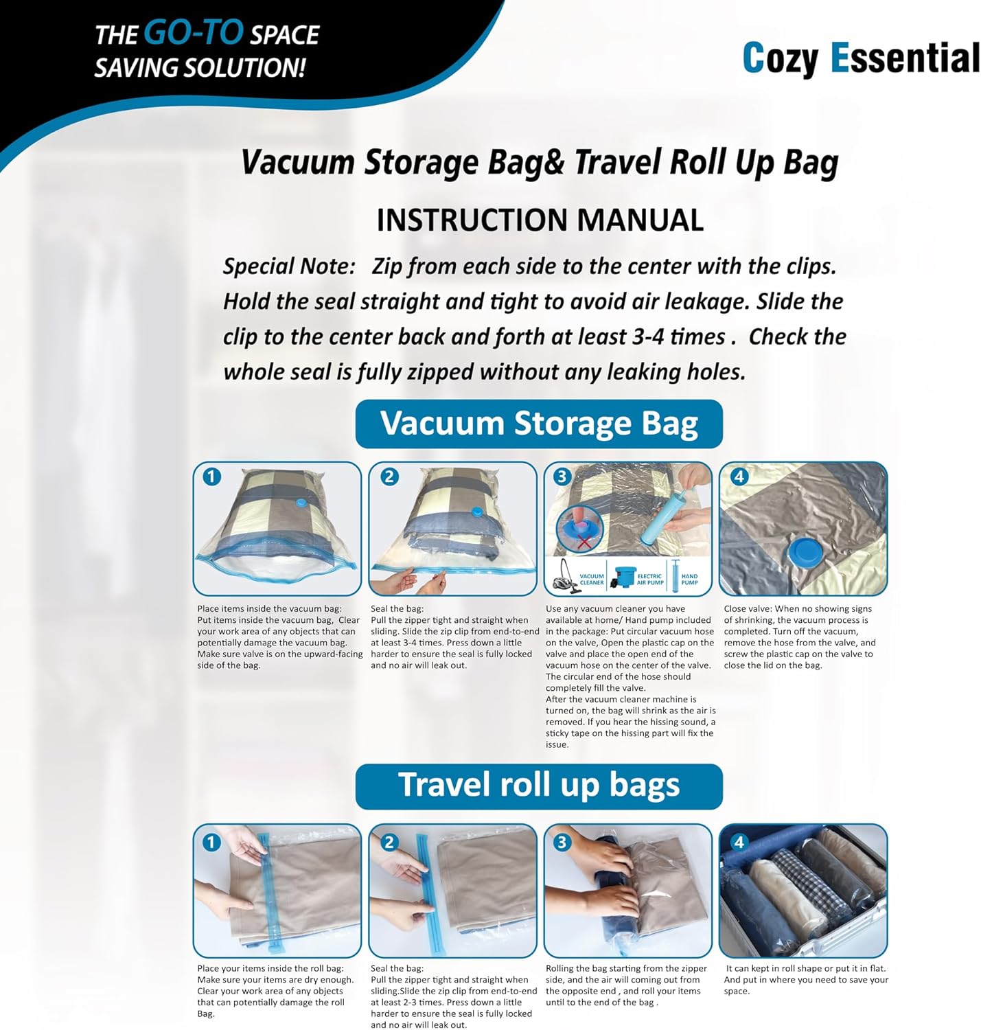 20 Pack Vacuum Storage Bags, Space Saver Bags (4 Jumbo/4 Large/4 Medium/4 Small/4 Roll) Compression for Comforters and Blankets, Sealer Clothes Storage, Hand Pump Included image 6