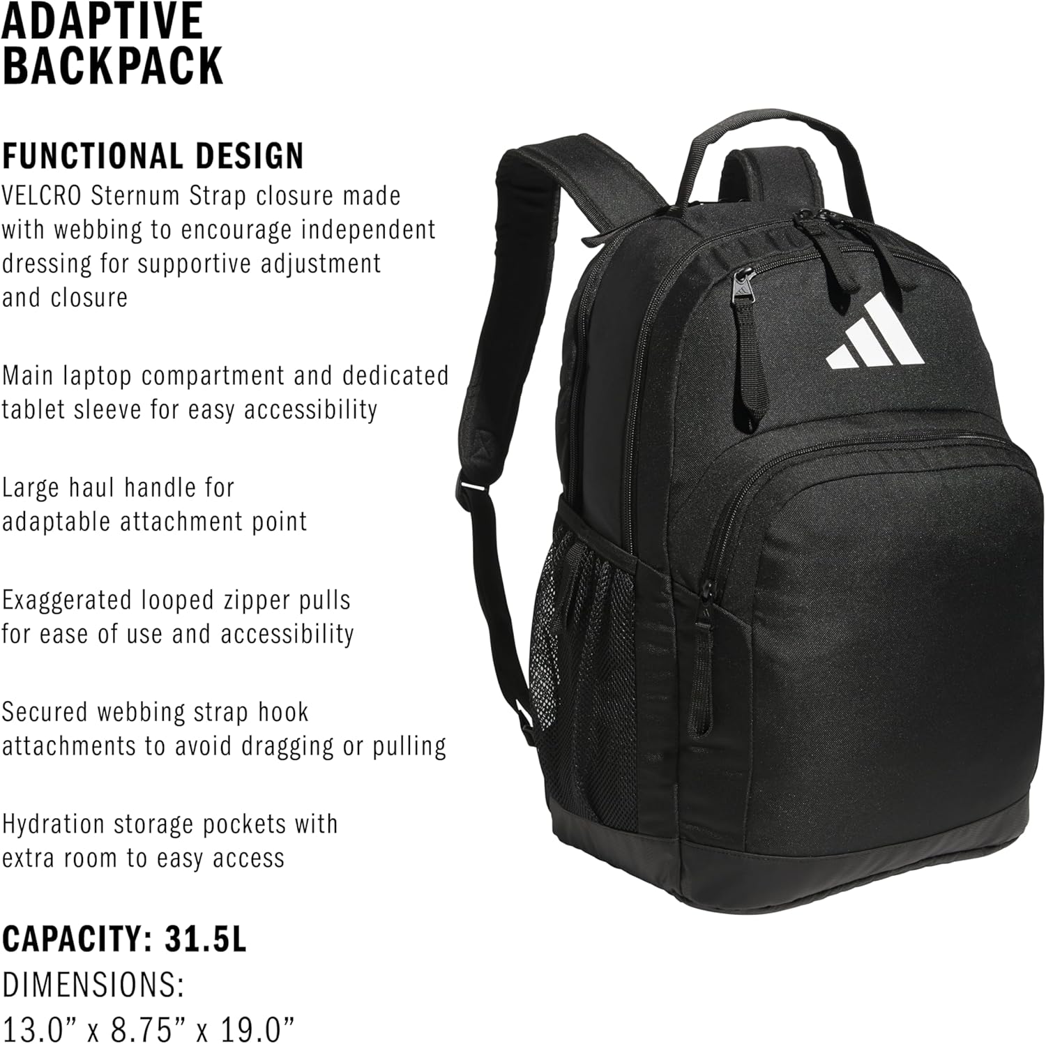 adidas Adaptive Backpack Large Features for Independent Dressing and Ease of use, Black, One Size image 2