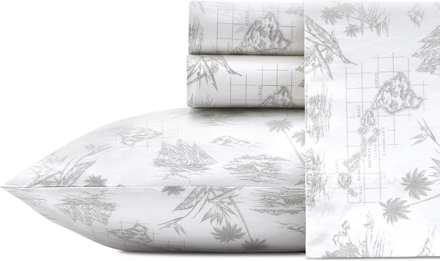 Tommy Bahama - King Sheets, Cotton Percale Bedding Set, Crisp & Cool, Stylish Home Decor (Vintage Map Grey, King) image 1