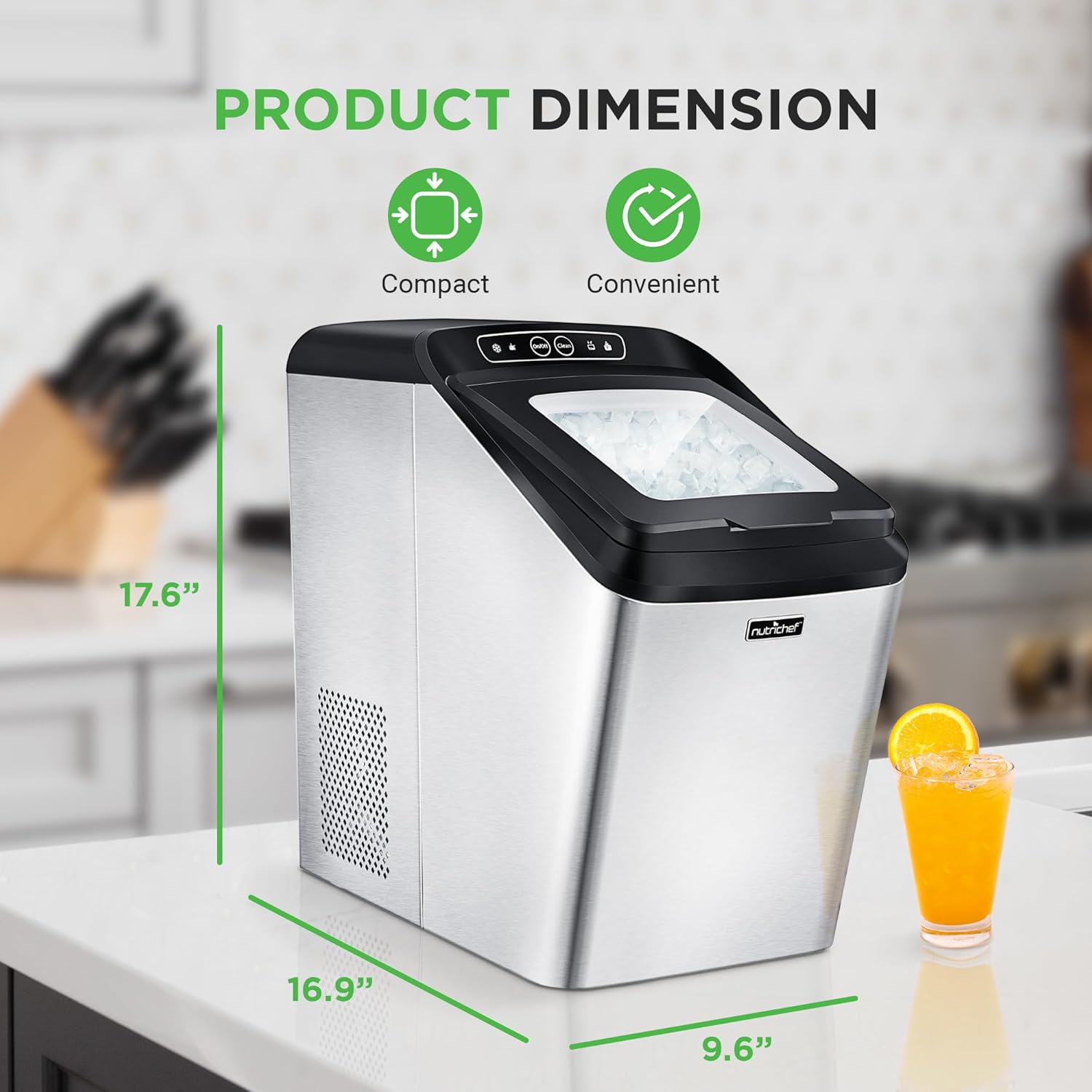 NutriChef Countertop Nugget Ice Maker Machine - Electric Nugget Ice Maker Countertop with Ice Scoop and Basket, Includes Rear-Mounted Hose Drainage, Compact, Convenient, and Incredibly Fast - NCICNUG image 2