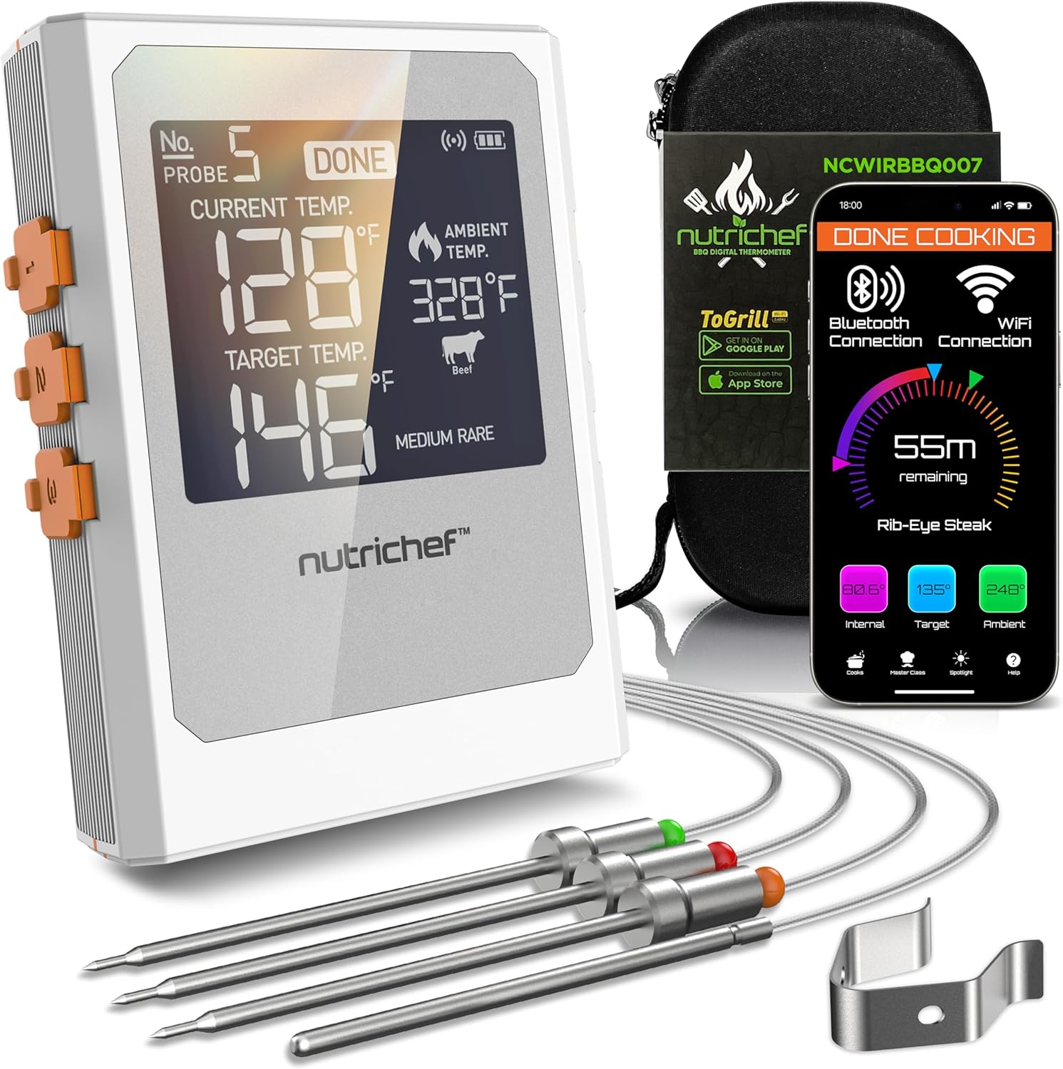 Nutrichef Wireless Meat Thermometer with 2 Stainless Steel Probes, Bluetooth and WiFi Smartphone App for Monitoring Food Temp and Remote Alerts, Digital Display, for Grilling and BBQ Smoking image 1