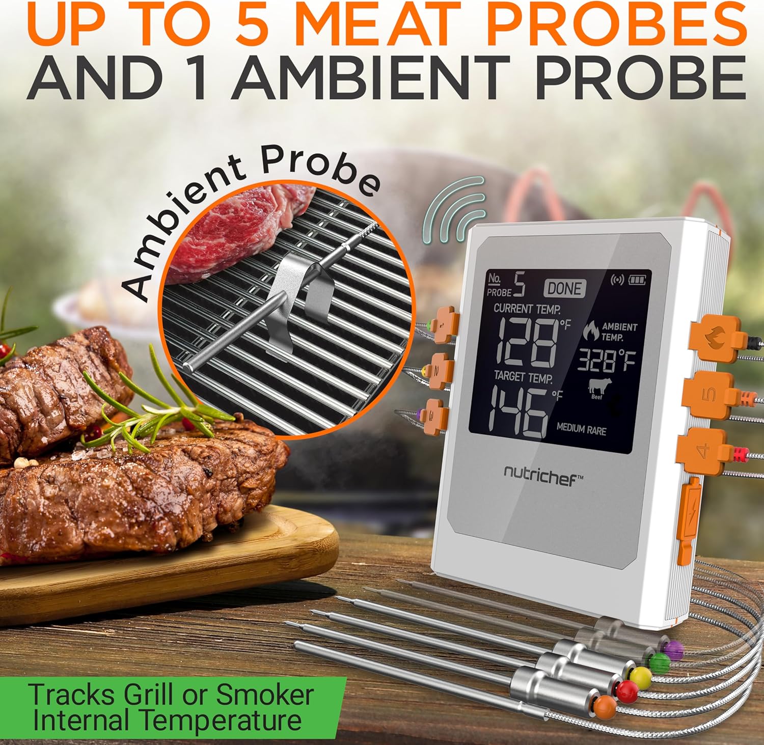 Nutrichef Wireless Meat Thermometer with 2 Stainless Steel Probes, Bluetooth and WiFi Smartphone App for Monitoring Food Temp and Remote Alerts, Digital Display, for Grilling and BBQ Smoking image 4