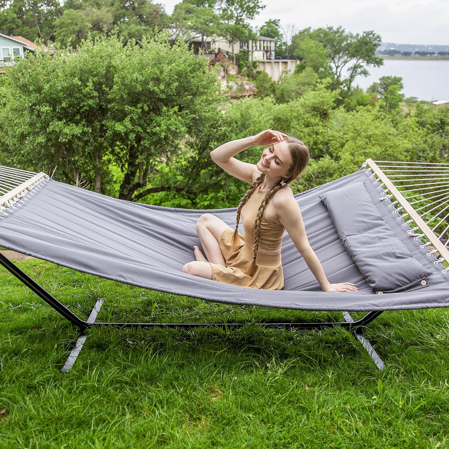 SUNCREAT 2 Person Hammock with Stand, Heavy Duty Portable Hammocks, 475 lbs Capacity, Dark Grey image 2