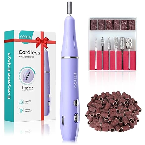 COSLUS Cordless Electric Nail Drill File: Nail Drill Machine with Stepless Speed Knob for Acrylic Gel Dip Powder Polish, Professional Portable Manicure Pedicure Rechargeable for Home Salon Use Purple image 1