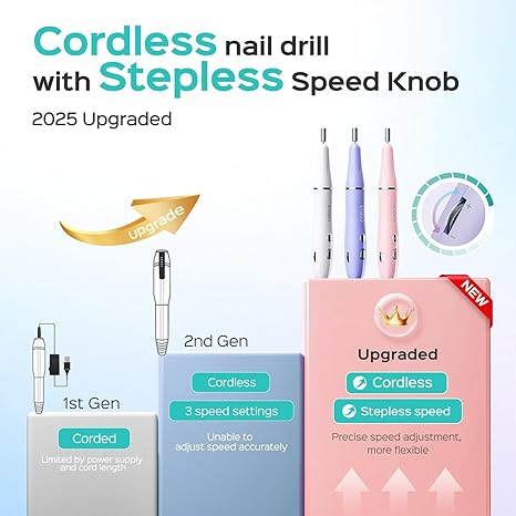 COSLUS Cordless Electric Nail Drill File: Nail Drill Machine with Stepless Speed Knob for Acrylic Gel Dip Powder Polish, Professional Portable Manicure Pedicure Rechargeable for Home Salon Use Purple image 2