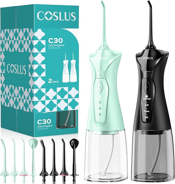 COSLUS 2-Pack Water Flosser for Teeth: Water Dental Pick Set with Refined Packaging for Couples Friends, 3 Modes & 8 DIY Levels for Sensitive Gums & Braces, Ideal for Family Sharing, Black & Green image 1