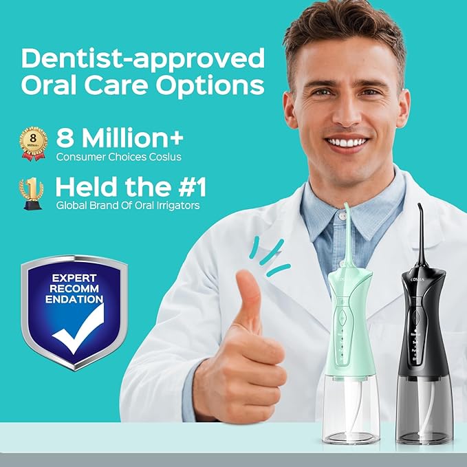COSLUS 2-Pack Water Flosser for Teeth: Water Dental Pick Set with Refined Packaging for Couples Friends, 3 Modes & 8 DIY Levels for Sensitive Gums & Braces, Ideal for Family Sharing, Black & Green image 2