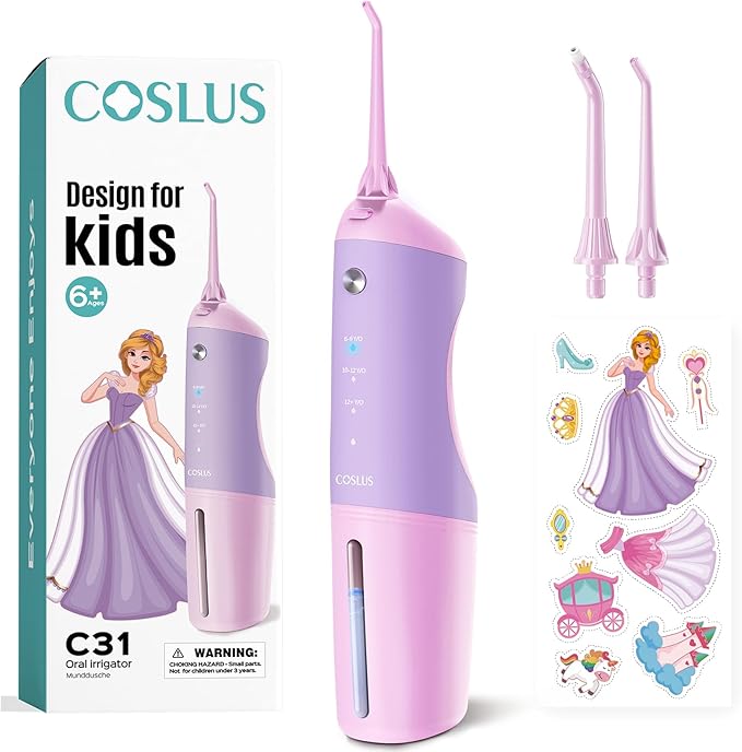 COSLUS Kids Water Dental Flosser Deep Cleaning Picks Portable 4 Modes for Ages 6+ Safe Waterproof Rechargeable with 2 Jet Tips for Gums Care Pink Purple image 1