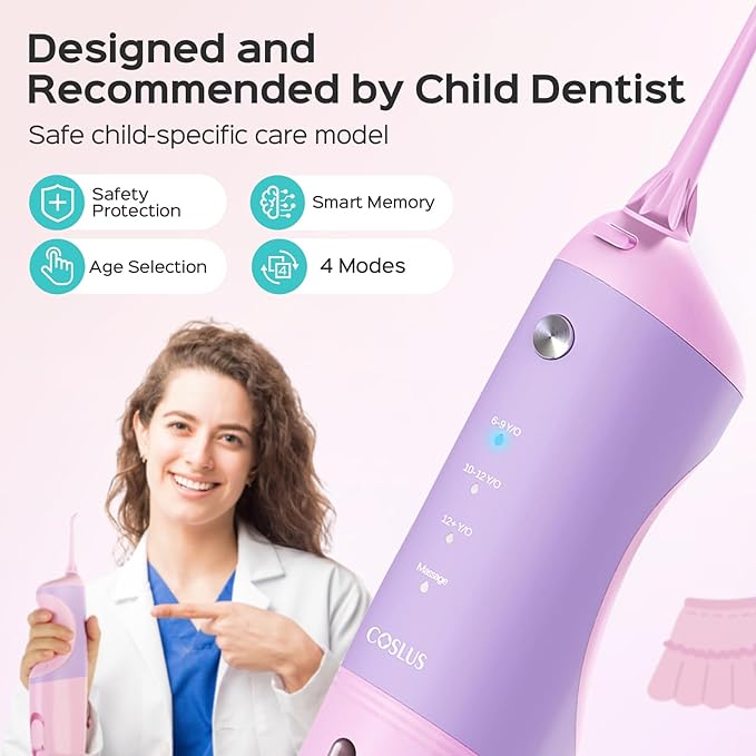 COSLUS Kids Water Dental Flosser Deep Cleaning Picks Portable 4 Modes for Ages 6+ Safe Waterproof Rechargeable with 2 Jet Tips for Gums Care Pink Purple image 3
