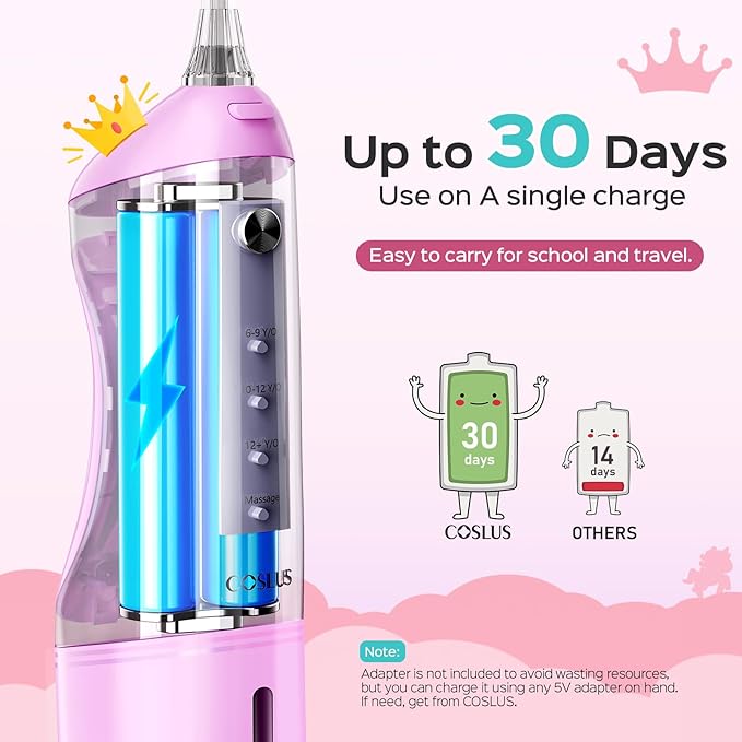 COSLUS Kids Water Dental Flosser Deep Cleaning Picks Portable 4 Modes for Ages 6+ Safe Waterproof Rechargeable with 2 Jet Tips for Gums Care Pink Purple image 4