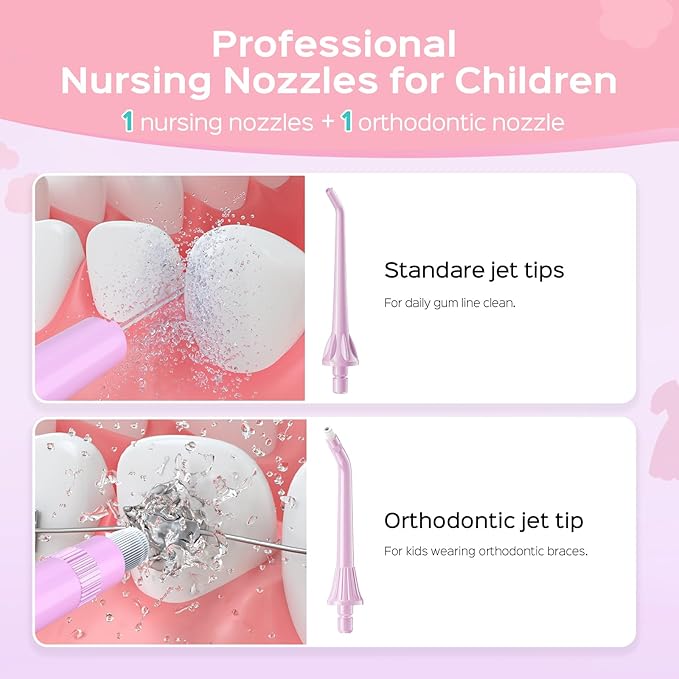 COSLUS Kids Water Dental Flosser Deep Cleaning Picks Portable 4 Modes for Ages 6+ Safe Waterproof Rechargeable with 2 Jet Tips for Gums Care Pink Purple image 5