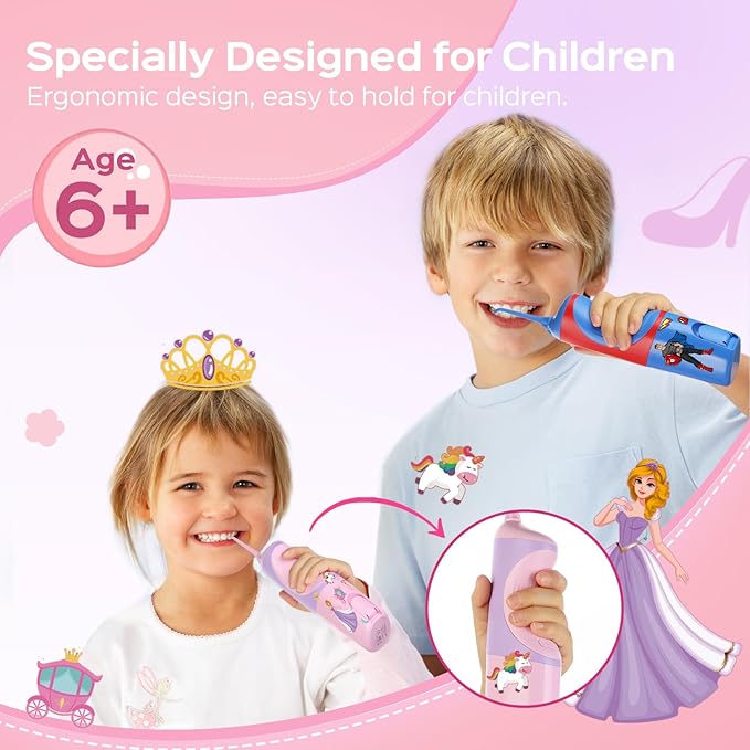 COSLUS Kids Water Dental Flosser Deep Cleaning Picks Portable 4 Modes for Ages 6+ Safe Waterproof Rechargeable with 2 Jet Tips for Gums Care Pink Purple image 6