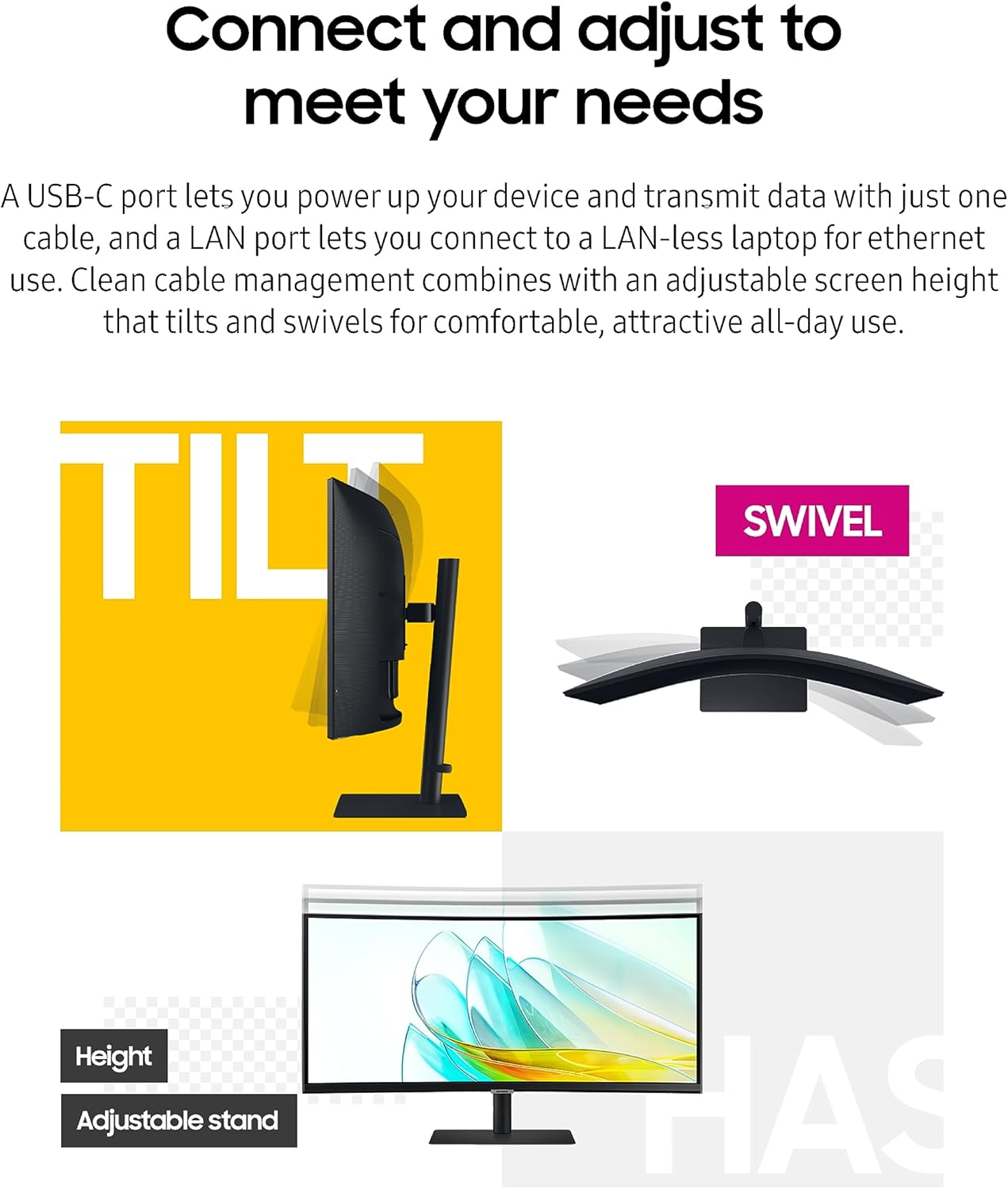 Samsung 34” ViewFinity S65UA Series Ultrawide QHD Curved Monitor, HDR10, 100Hz, 350 nit, USB- C, Adjustable Stand, Intelligent Eye Care, LS34C650UANXGO, Black image 6