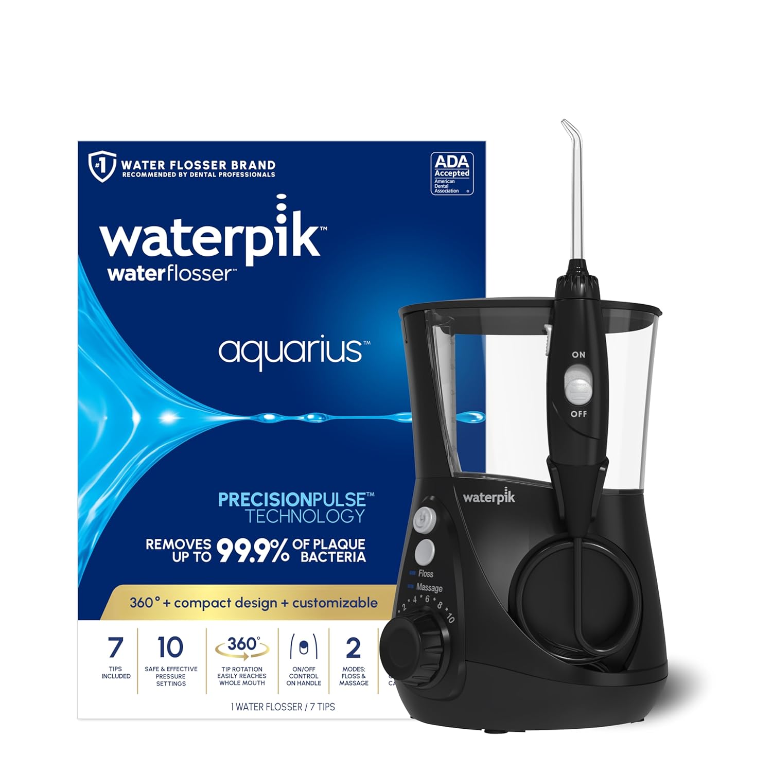 Waterpik Aquarius Water Flosser For Teeth Cleaning, Gums, Braces, Dental Care, Electric Power With 10 Settings, 7 Tips For Multiple Users And Needs, ADA Accepted, Black WP-662, Packaging May Vary image 1