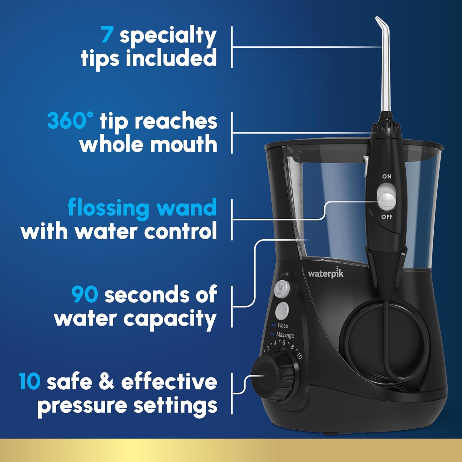 Waterpik Aquarius Water Flosser For Teeth Cleaning, Gums, Braces, Dental Care, Electric Power With 10 Settings, 7 Tips For Multiple Users And Needs, ADA Accepted, Black WP-662, Packaging May Vary image 2
