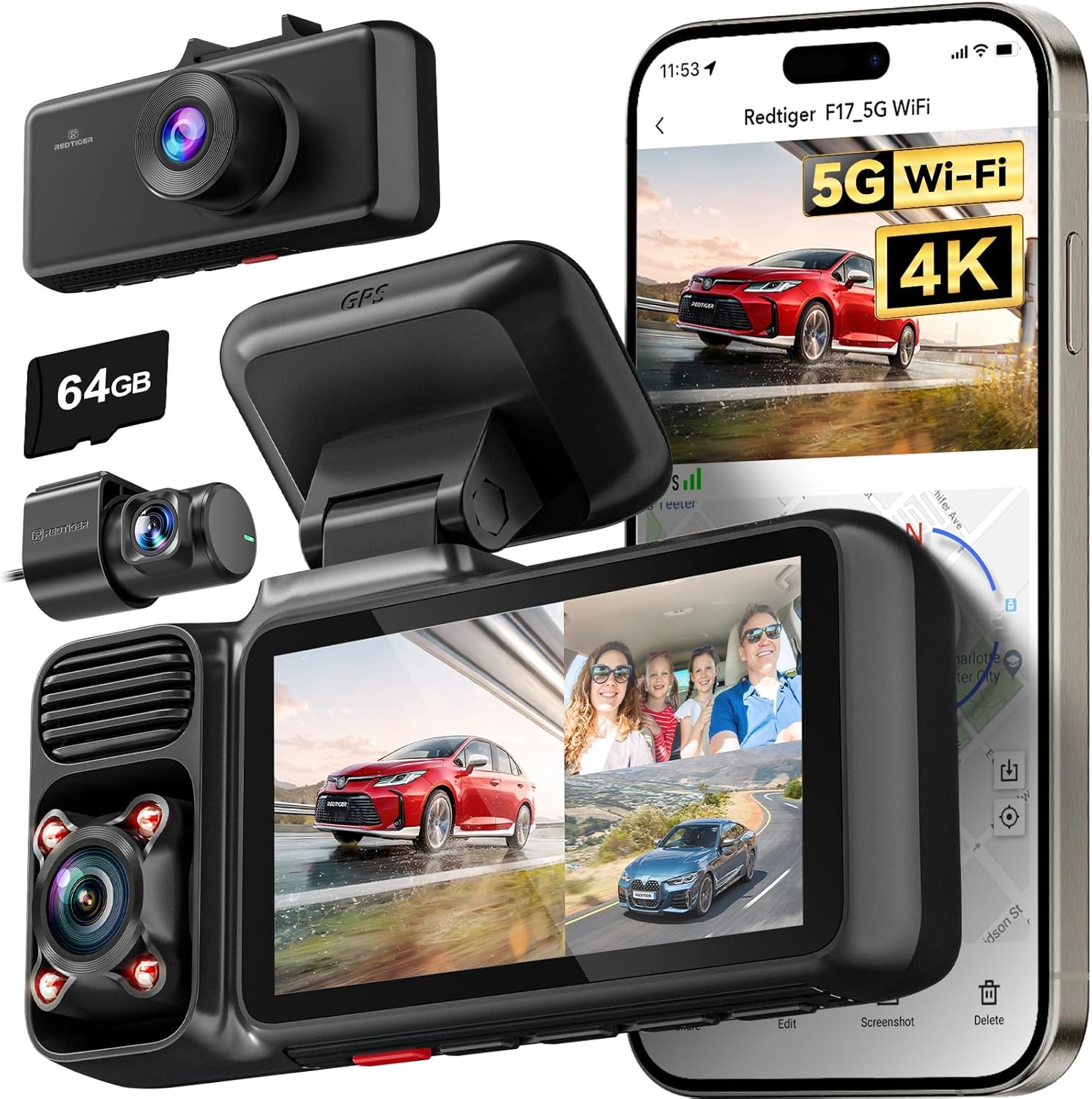 REDTIGER F17 4K 3 Channel Dash Cam, 5GHz WiFi Built-in GPS with 64GB Card, 2160P+1080P+1080P Front and Rear Inside, Triple Car Camera with 3 Inch Screen, IR Night Vision, G Sensor, WDR, Parking Mode image 1
