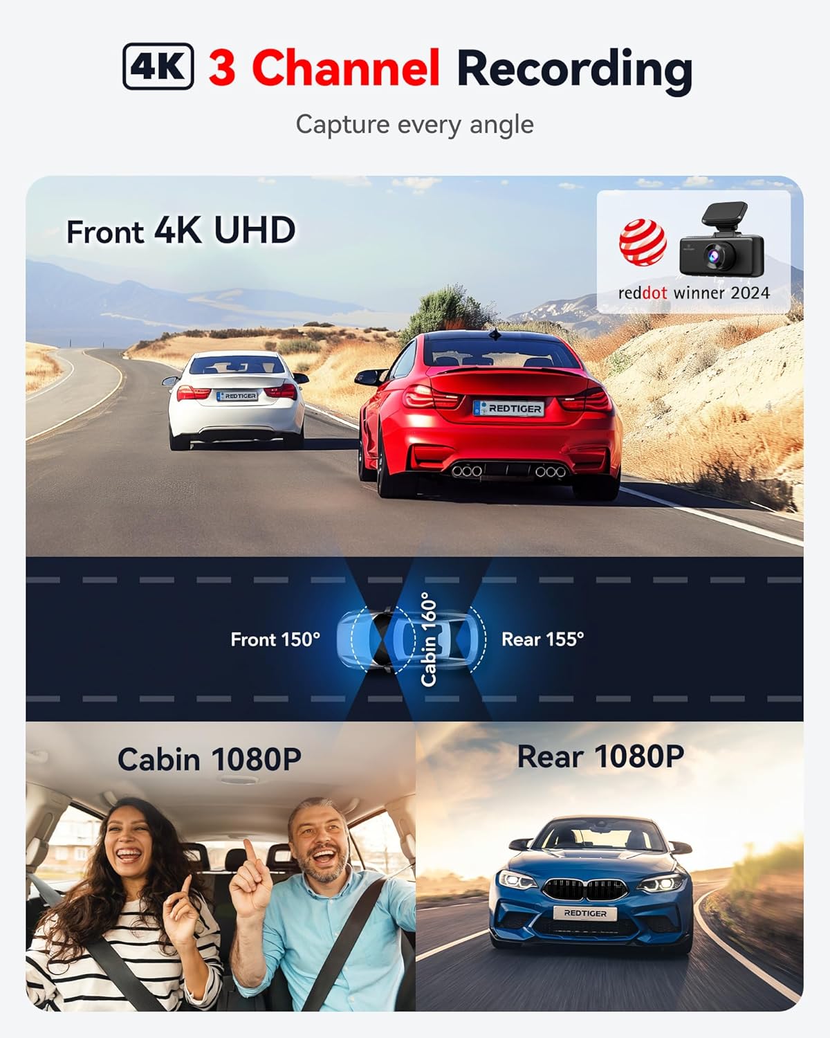 REDTIGER F17 4K 3 Channel Dash Cam, 5GHz WiFi Built-in GPS with 64GB Card, 2160P+1080P+1080P Front and Rear Inside, Triple Car Camera with 3 Inch Screen, IR Night Vision, G Sensor, WDR, Parking Mode image 2