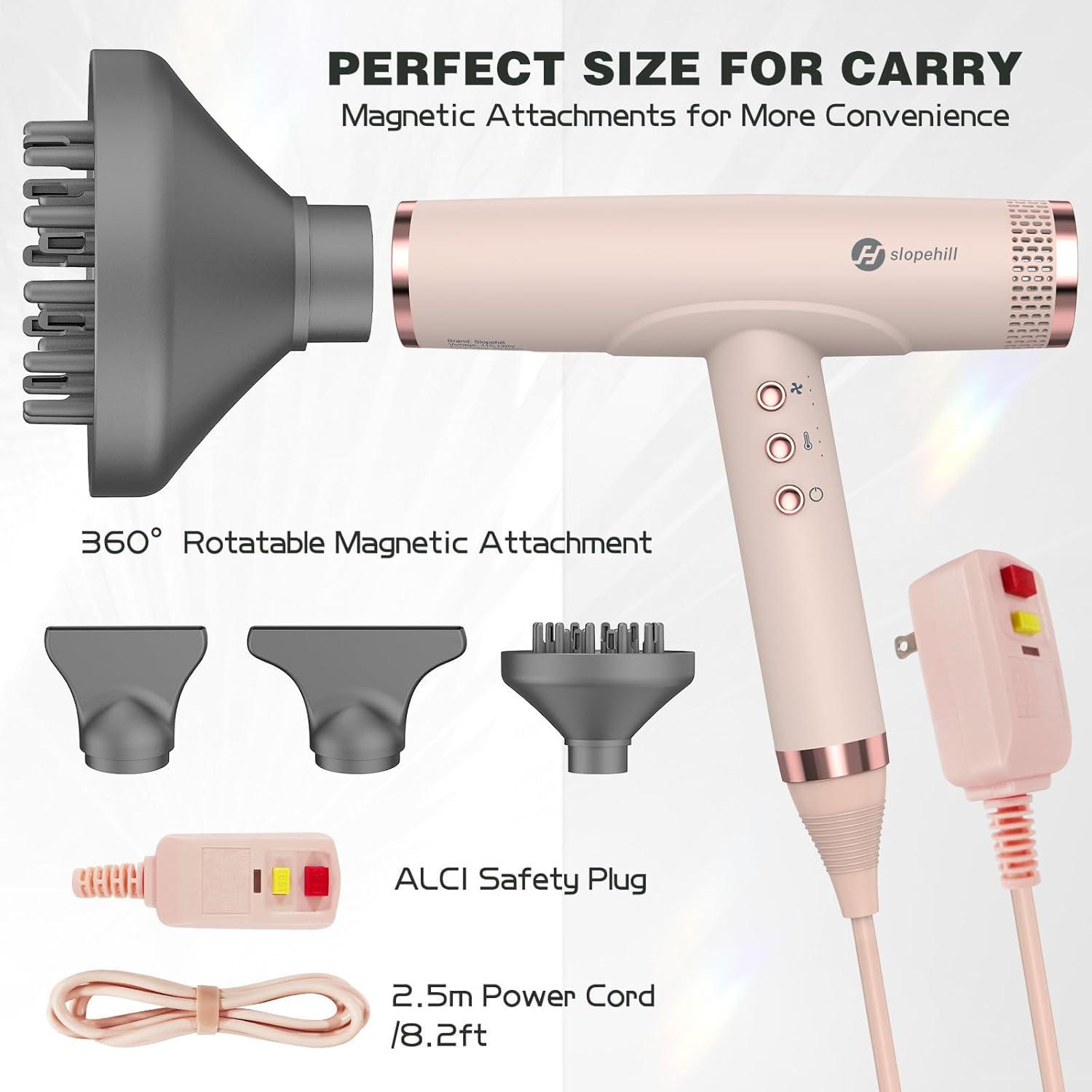 slopehill Professional Ionic Hair Dryer, High-Speed Blow Dryer with Brushless Motor for Salon Use, Lightweight Compact Hairdryer for Travel, Low Noise Quiet for Home, Ceramic Pink image 4