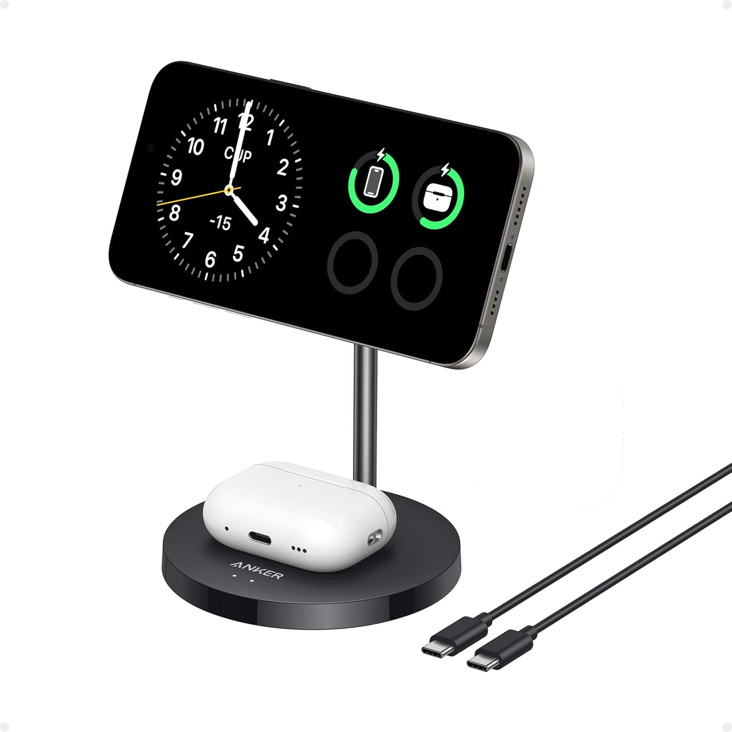Anker MagSafe Compatible MagGo Charger Stand, iPhone 16 Wireless Charger, 2-in-1 Charging Station, Qi2 Certified 15W Fast Charging, for iPhone 16/15/14/13/12, AirPods Pro (Black, No Adapter) image 1