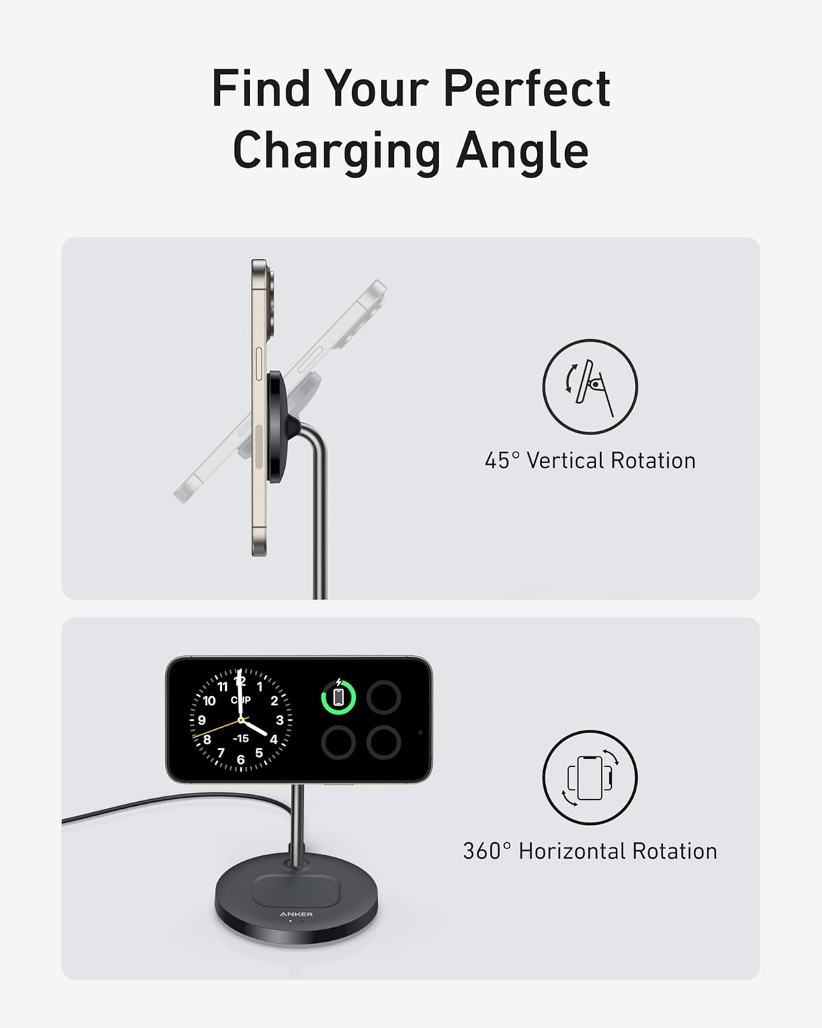 Anker MagSafe Compatible MagGo Charger Stand, iPhone 16 Wireless Charger, 2-in-1 Charging Station, Qi2 Certified 15W Fast Charging, for iPhone 16/15/14/13/12, AirPods Pro (Black, No Adapter) image 4