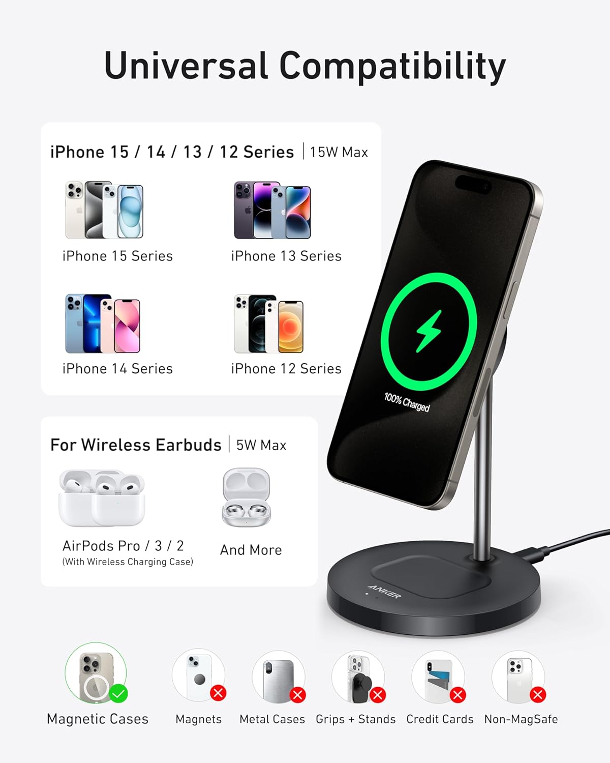 Anker MagSafe Compatible MagGo Charger Stand, iPhone 16 Wireless Charger, 2-in-1 Charging Station, Qi2 Certified 15W Fast Charging, for iPhone 16/15/14/13/12, AirPods Pro (Black, No Adapter) image 6