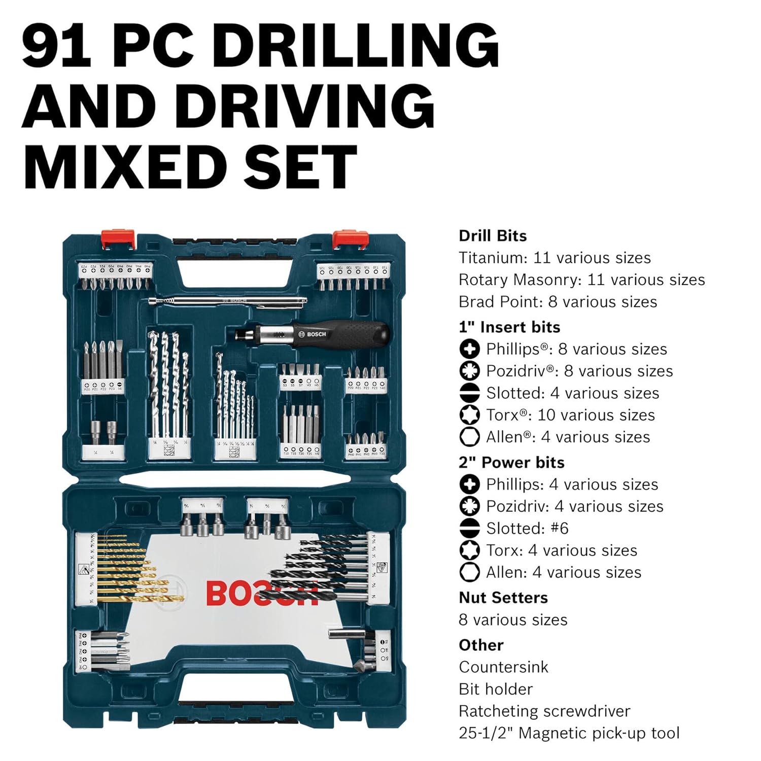 BOSCH MS4091 91-Piece Drilling and Driving Mixed Set with Included Case for Applications in Wood, Metal, Masonry image 6
