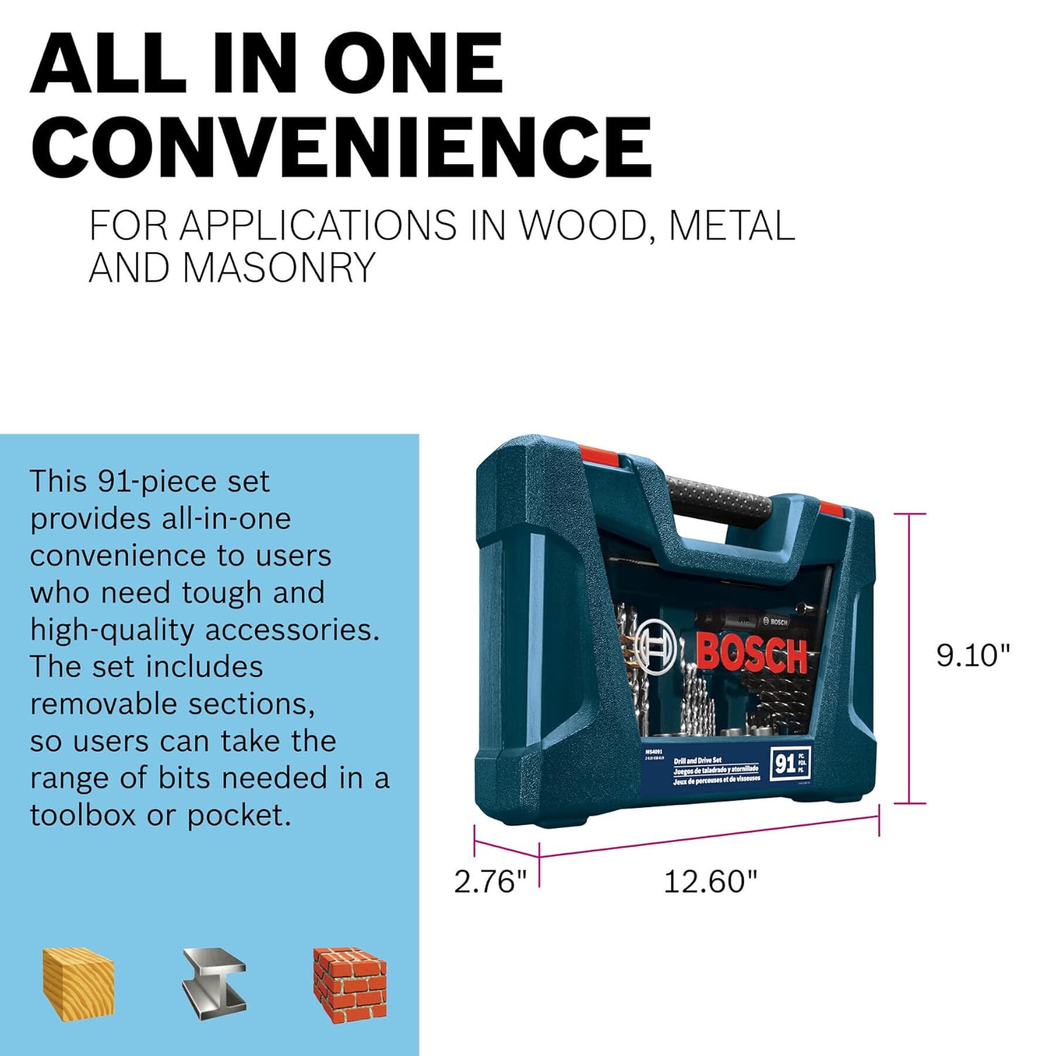 BOSCH MS4091 91-Piece Drilling and Driving Mixed Set with Included Case for Applications in Wood, Metal, Masonry image 7