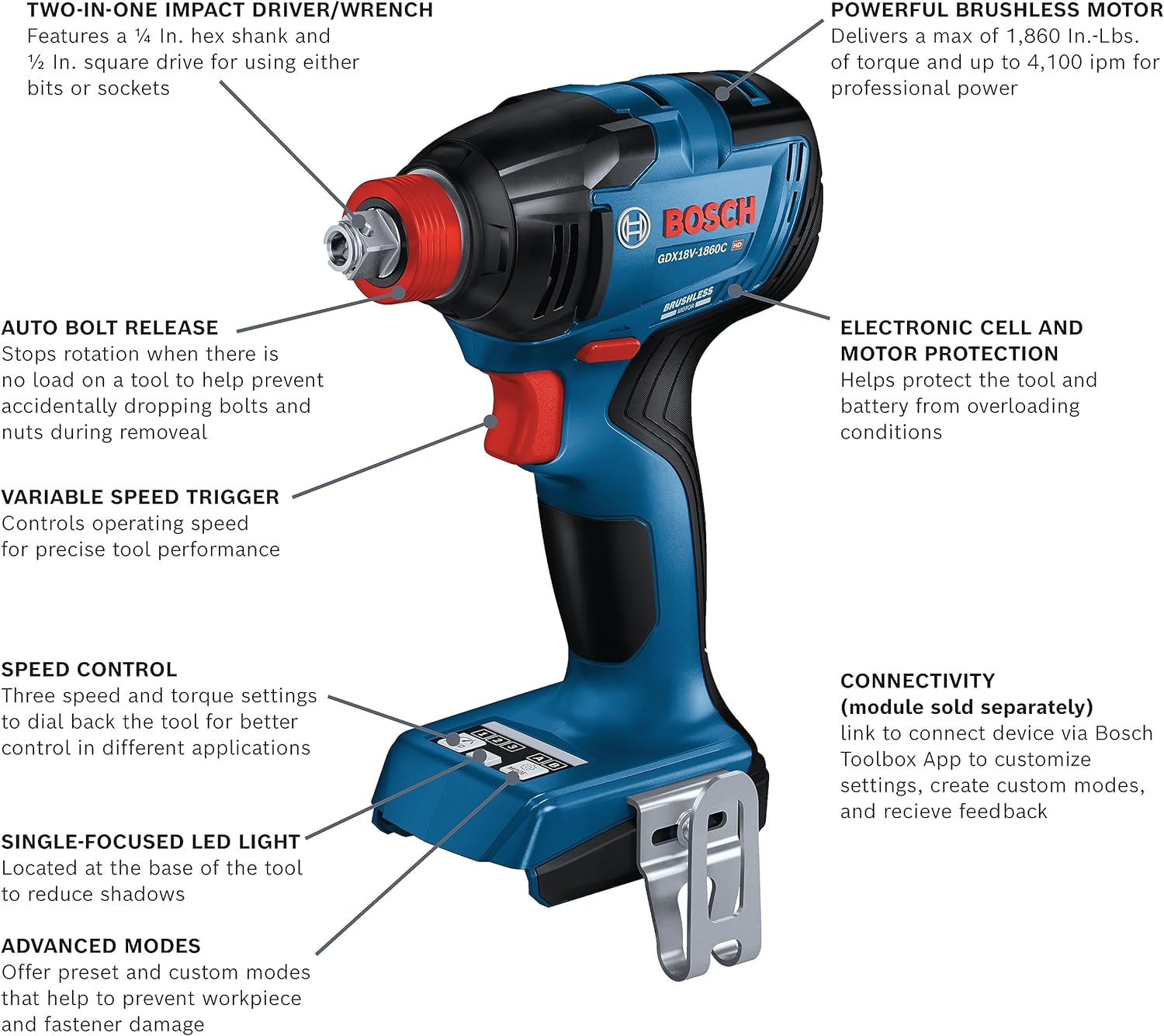 Bosch GDX18V-1860CN 18V Connected-Ready Two-In-One 1/4 In. and 1/2 In. Bit/Socket Impact Driver/Wrench (Bare Tool) image 2