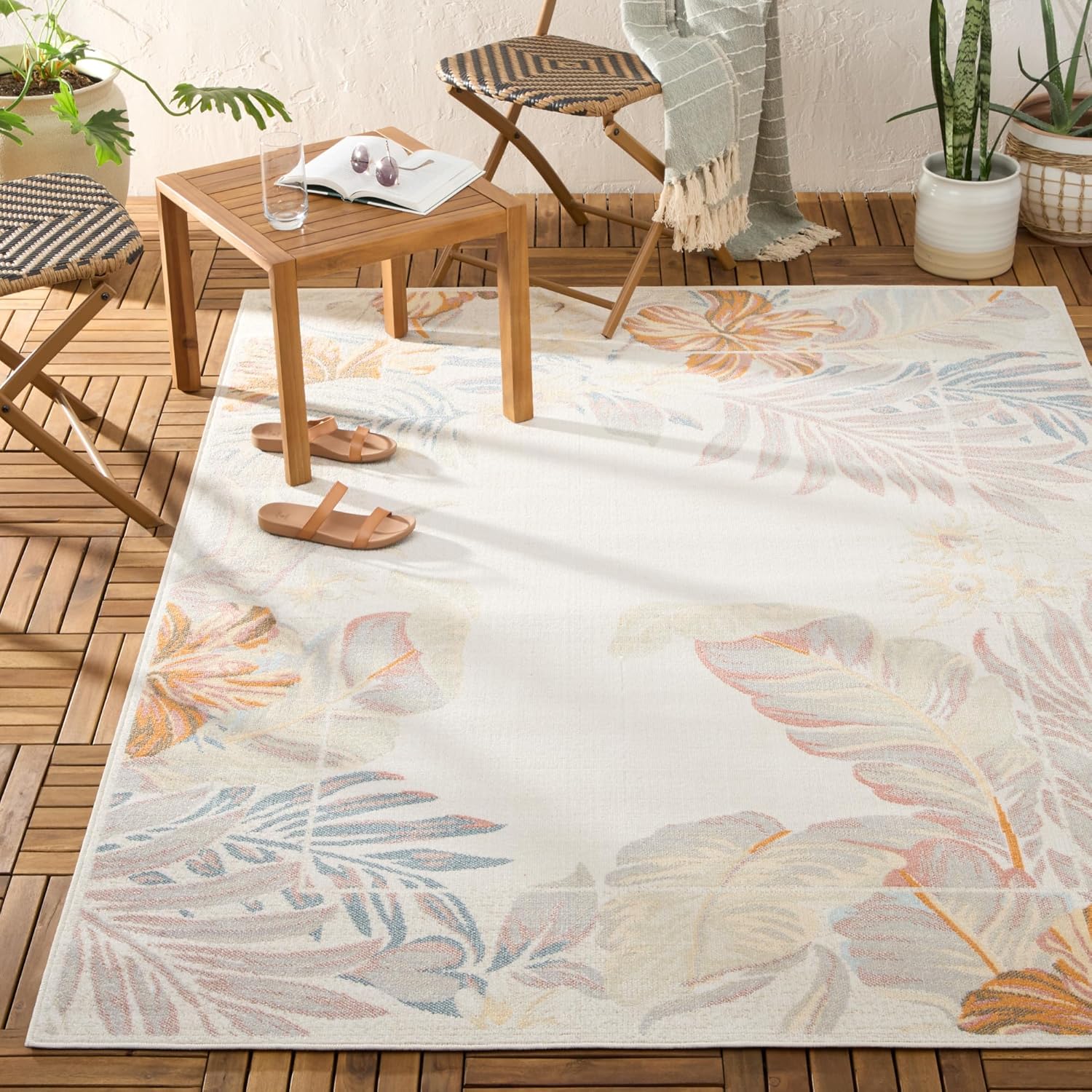 Tommy Bahama Bimini Blooming Border Indoor Outdoor Area Rug, Leaf Tropical Design, UV Fade Resistant, Ivory/Blue/Coral, 3'11"x5'2" image 2