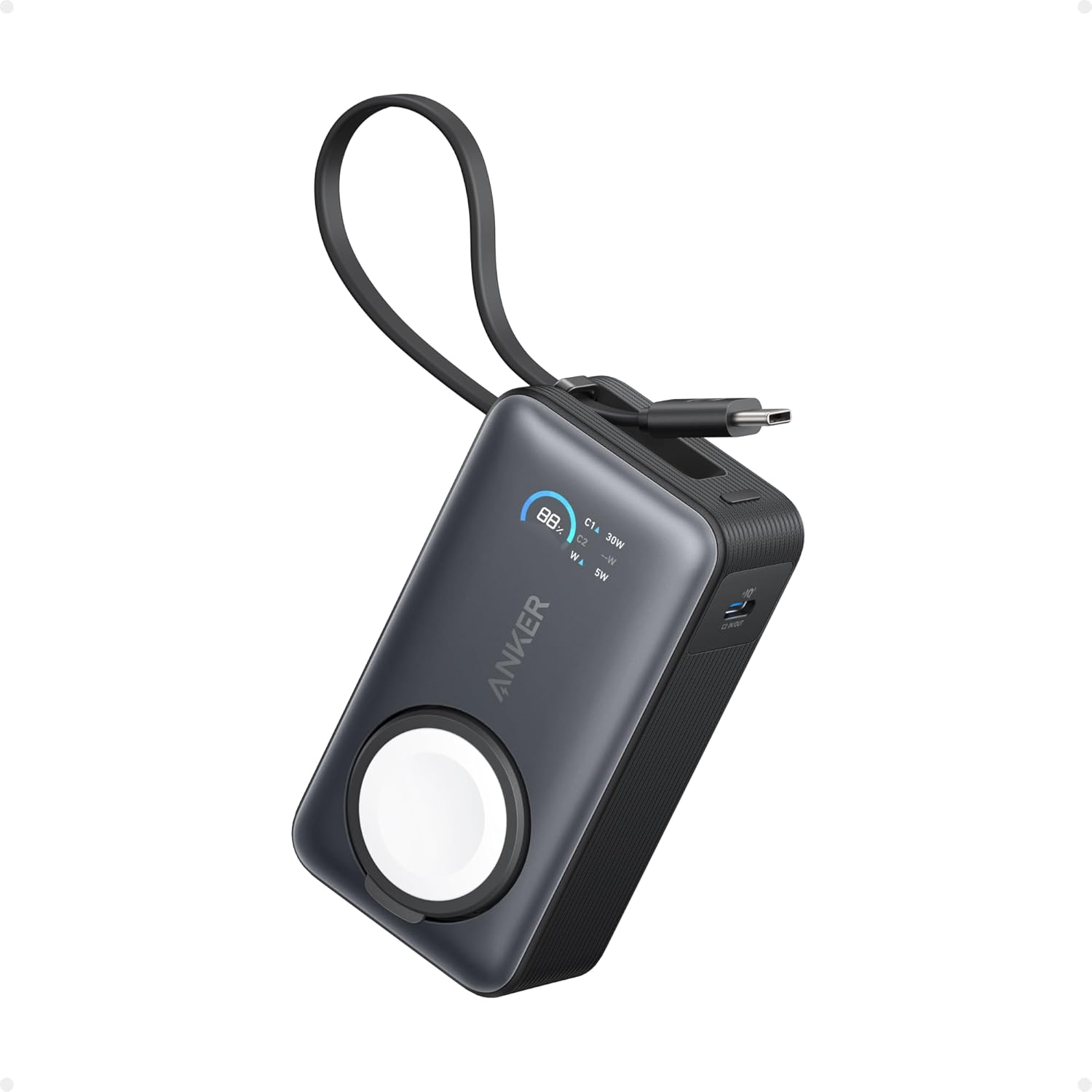 Anker MagGo Power Bank for Apple Watch, Officially Certified 10,000mAh Compact Battery Pack with Built-in USB-C Cable, 35W Max, for iPhone 15 Series, Samsung, iPad, AirPods, and More(Black) image 1