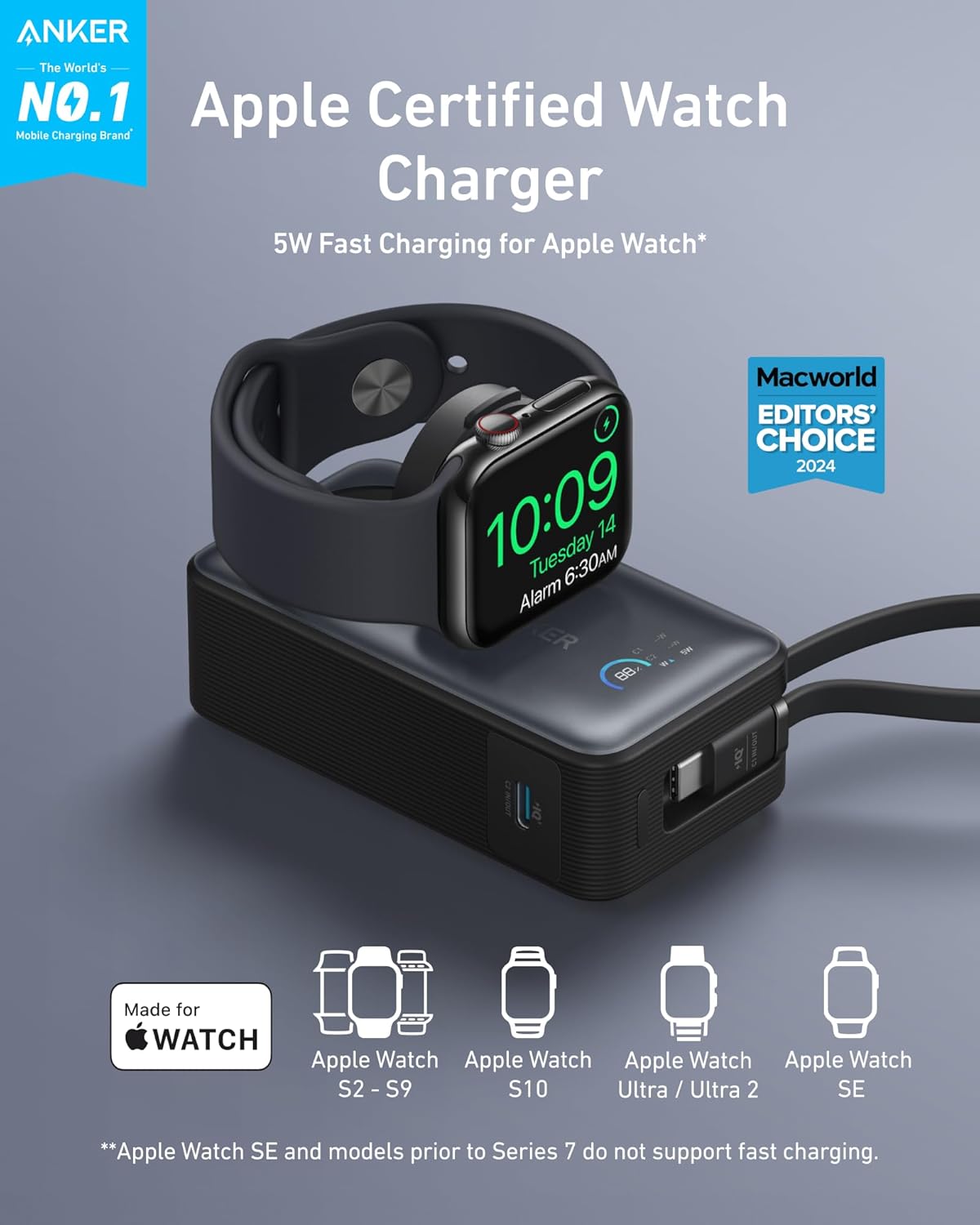 Anker MagGo Power Bank for Apple Watch, Officially Certified 10,000mAh Compact Battery Pack with Built-in USB-C Cable, 35W Max, for iPhone 15 Series, Samsung, iPad, AirPods, and More(Black) image 2