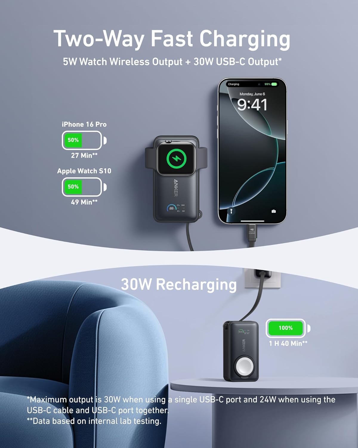 Anker MagGo Power Bank for Apple Watch, Officially Certified 10,000mAh Compact Battery Pack with Built-in USB-C Cable, 35W Max, for iPhone 15 Series, Samsung, iPad, AirPods, and More(Black) image 3