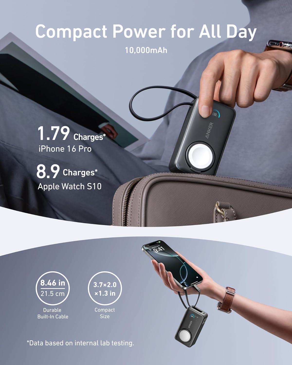 Anker MagGo Power Bank for Apple Watch, Officially Certified 10,000mAh Compact Battery Pack with Built-in USB-C Cable, 35W Max, for iPhone 15 Series, Samsung, iPad, AirPods, and More(Black) image 4