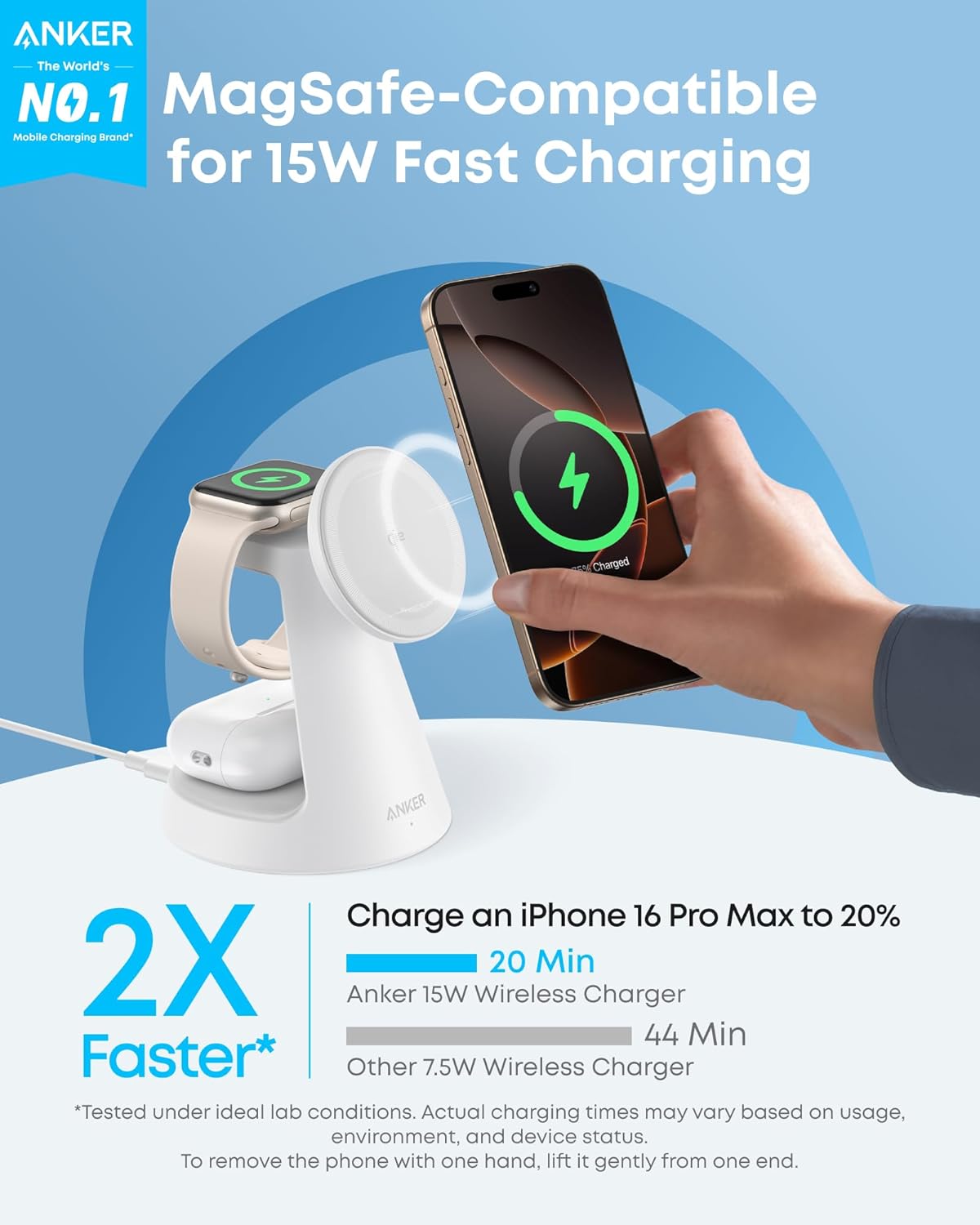 Anker MagSafe Charger Compatible, MagGo 3-in-1 Charging Station, Nano Charging Stand, Qi2 Certified 15W Magnetic Wireless Charger Dock Stand, For iPhone16/15/14, Apple Watch,AirPods (Adapter Included) image 2