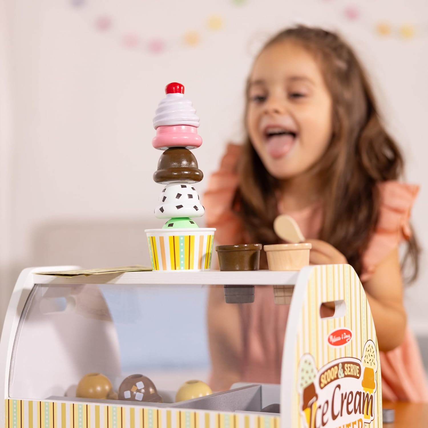 Melissa & Doug Wooden Scoop and Serve Ice Cream Counter (28 pcs) - Play Food and Accessories image 6