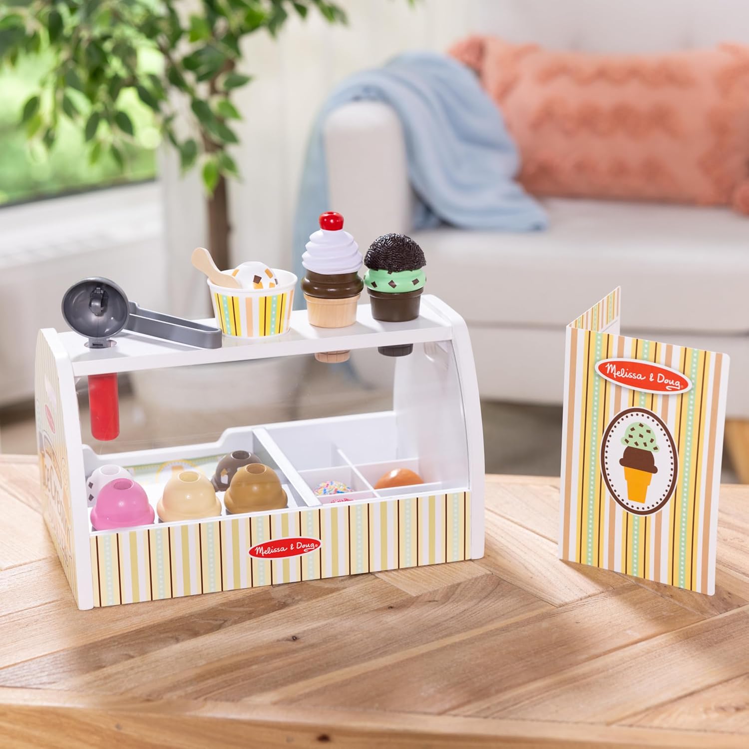 Melissa & Doug Wooden Scoop and Serve Ice Cream Counter (28 pcs) - Play Food and Accessories image 8
