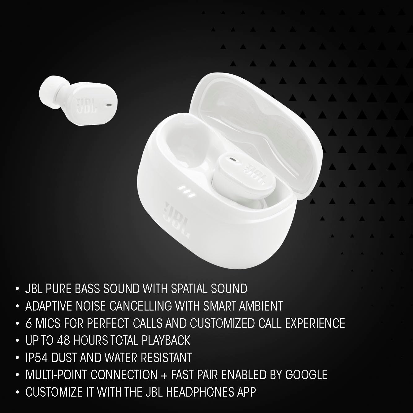 JBL Tune Buds 2 - True Wireless Noise Cancelling Earbuds Spatial Sound and Smart Ambient Technology, 6 mics for Perfect Calls, up to 48Hrs of Playback, IP54 Dust & Water Resistant (White) image 3