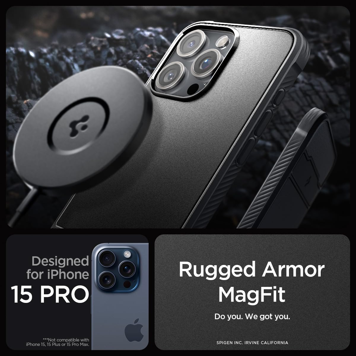 Spigen Rugged Armor MagFit Designed for iPhone 15 Pro Case (2023) [Military-Grade Protection] Compatible with MagSafe - Matte Black image 2