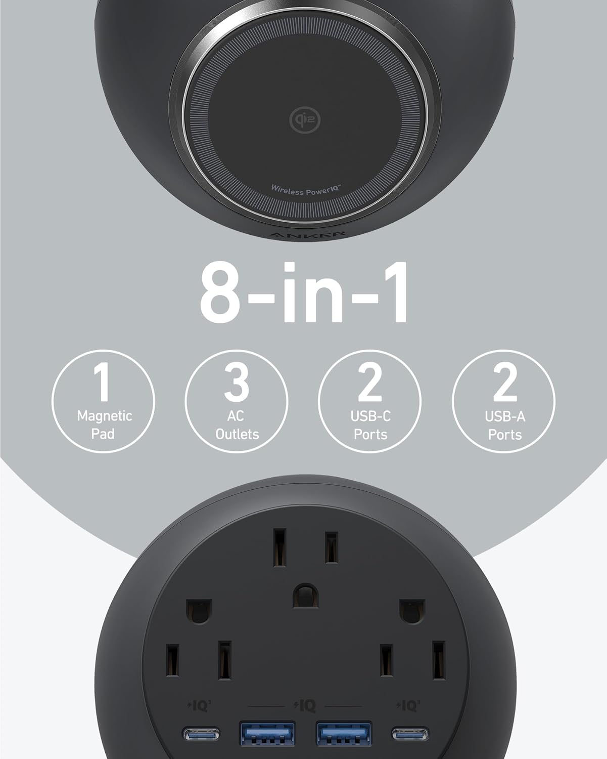 Anker MagGo Magnetic Charging Station, Qi2 Certified 15W Ultra-Fast MagSafe Wireless Charger for iPhone 15/14/13, 8-in-1 Power Strip with 3 AC and 4 USB Desktop Charger for MacBook and More image 4