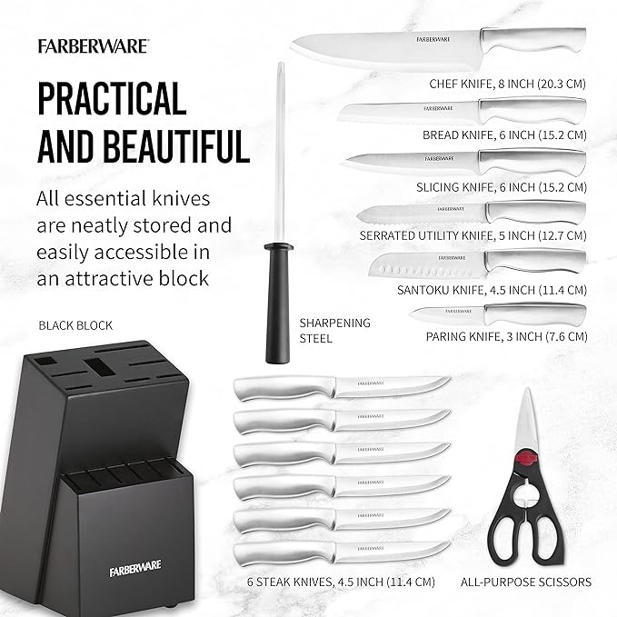 FARBERWARE 15-Piece Kitchen Knife Set with High-Carbon Stainless Steel Blades, Black Handles, Steak Knives, Wood Block, Razor Sharp and Ergonomic image 4