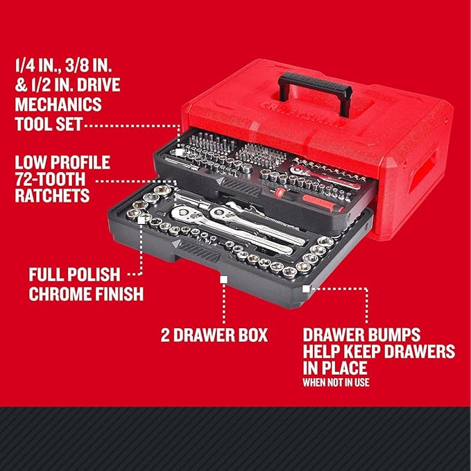 CRAFTSMAN Mechanics Tool Set, 256-Piece Hand Tool and Socket Set with 72-tooth Low Profile Ratchet and 2-Drawer Tool Box (CMMT45256) image 3
