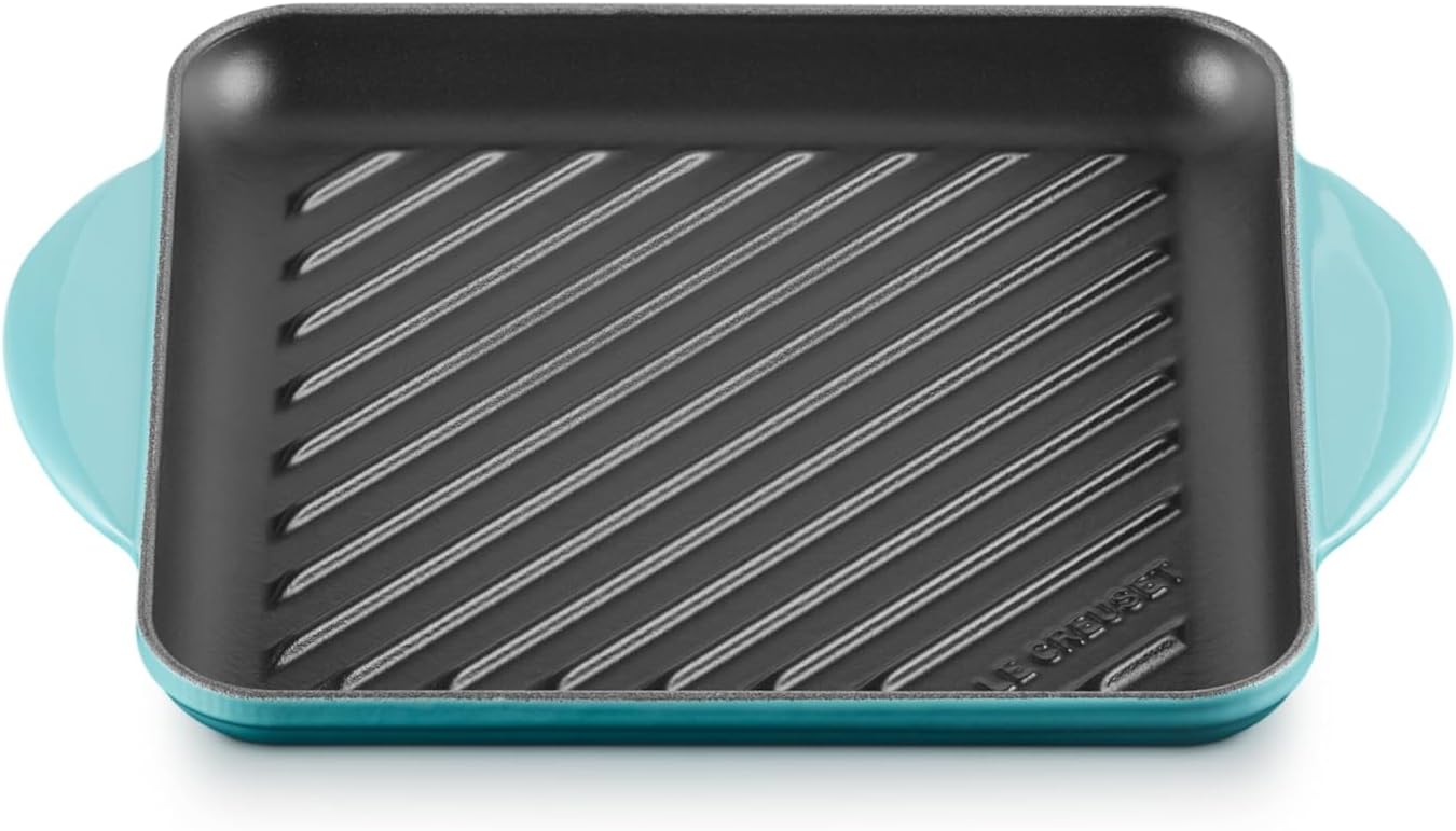 Le Creuset Enamaled Cast Iron Square Grill, 9.5", Caribbean image 1
